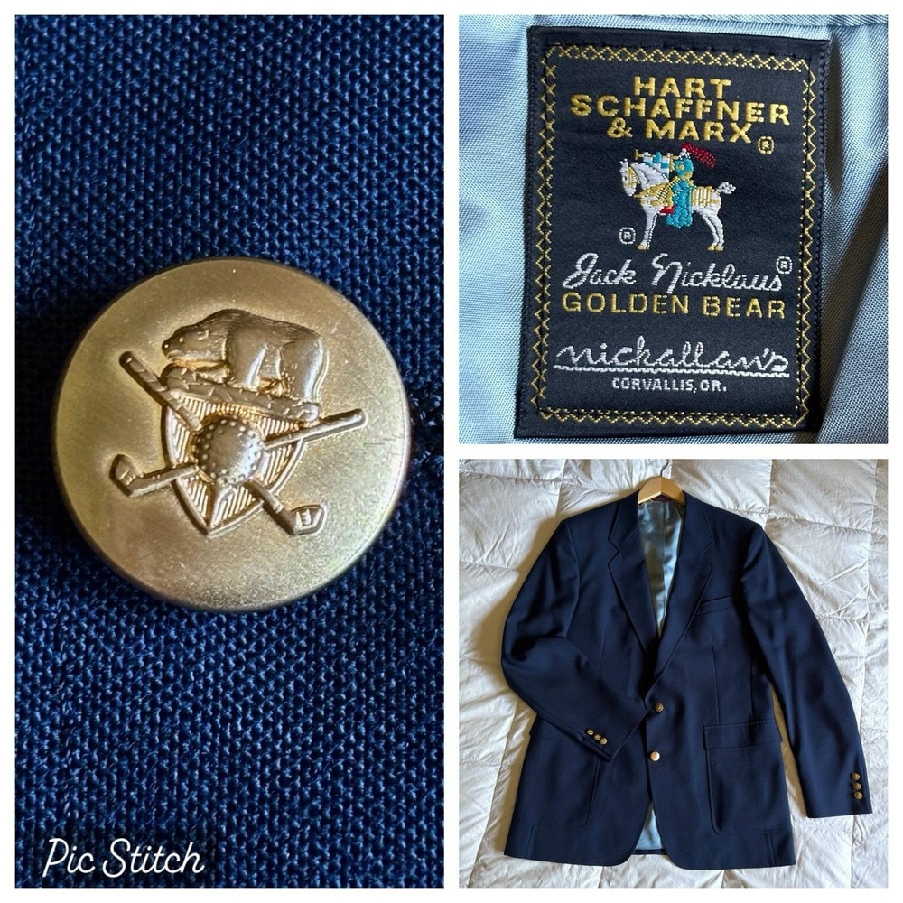 Vtg Hart Schaffner Marx Jack Nicklaus Golden Bear Blazer Men 44XL Navy Gold Golf